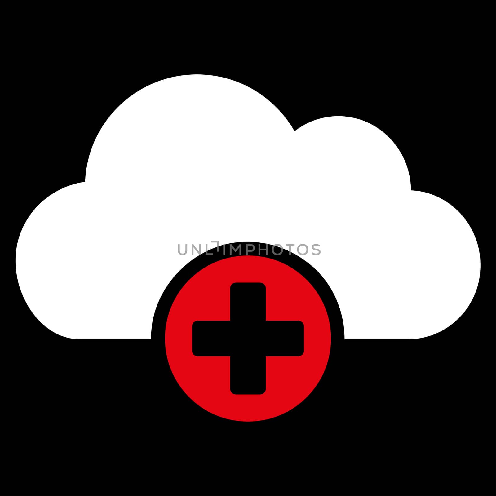 Cloud Medicine raster icon. Style is bicolor flat symbol, red and white colors, rounded angles, black background.