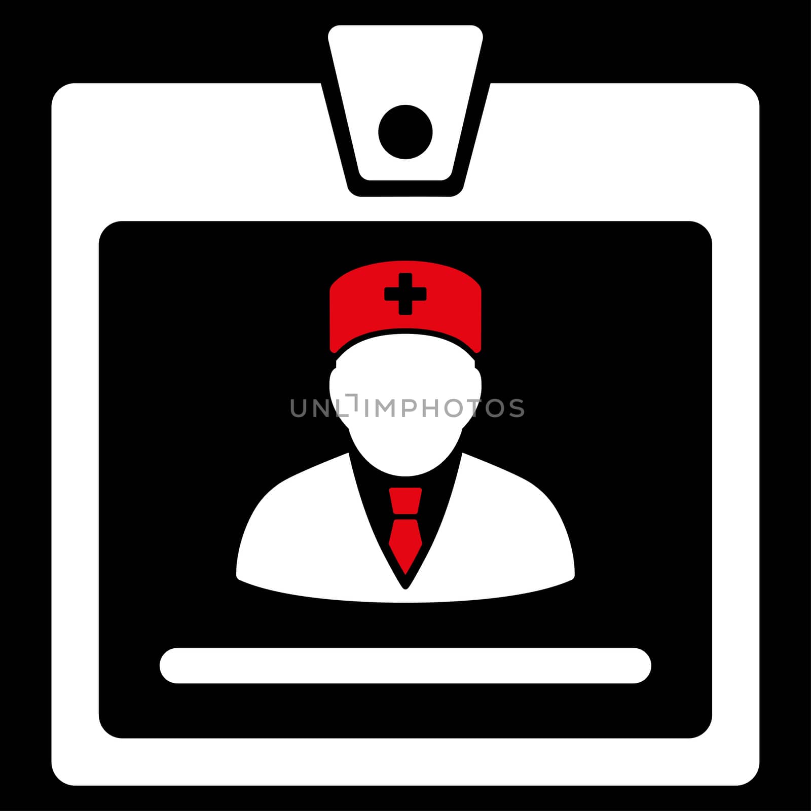 Doctor Badge raster icon. Style is bicolor flat symbol, red and white colors, rounded angles, black background.