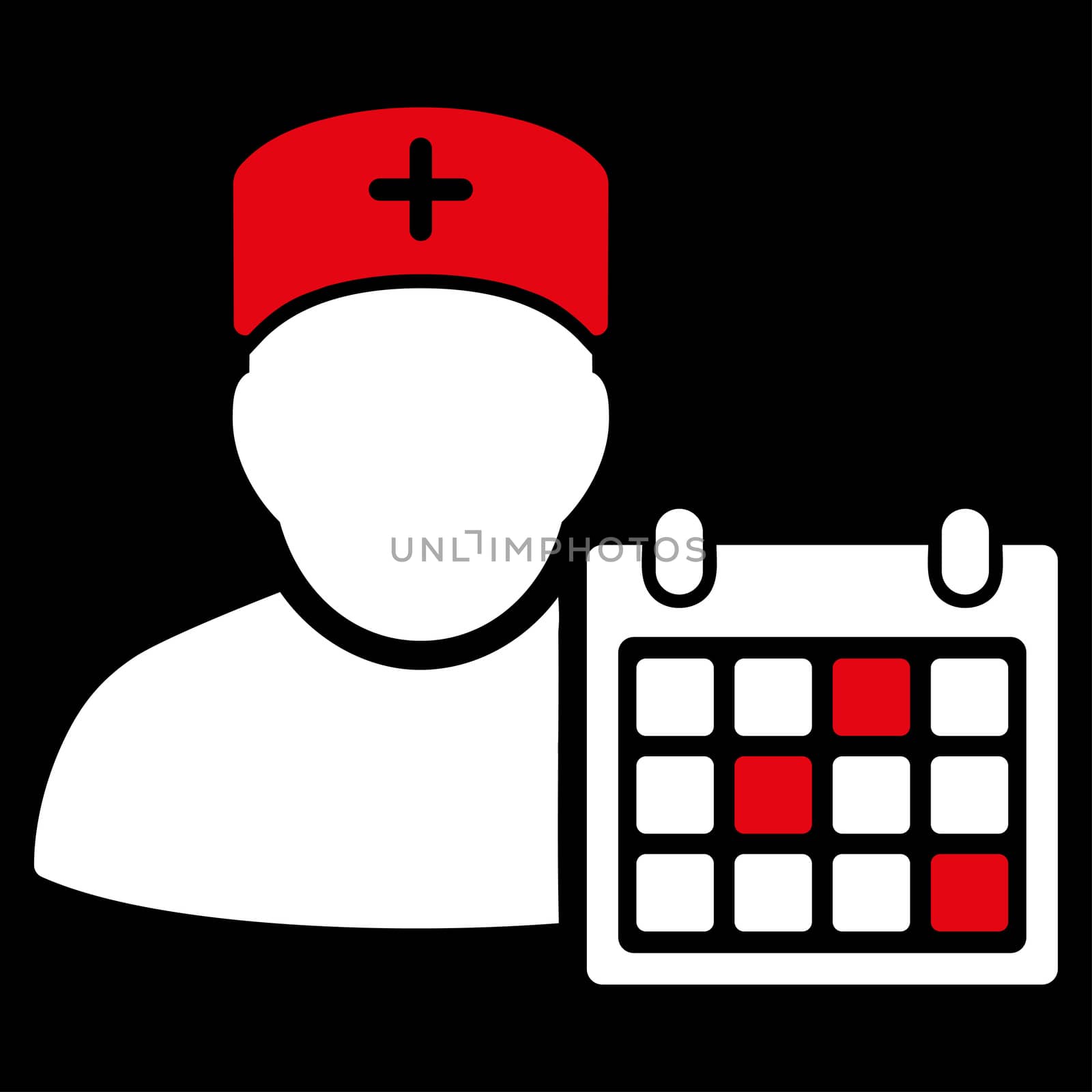 Doctor Calendar raster icon. Style is bicolor flat symbol, red and white colors, rounded angles, black background.