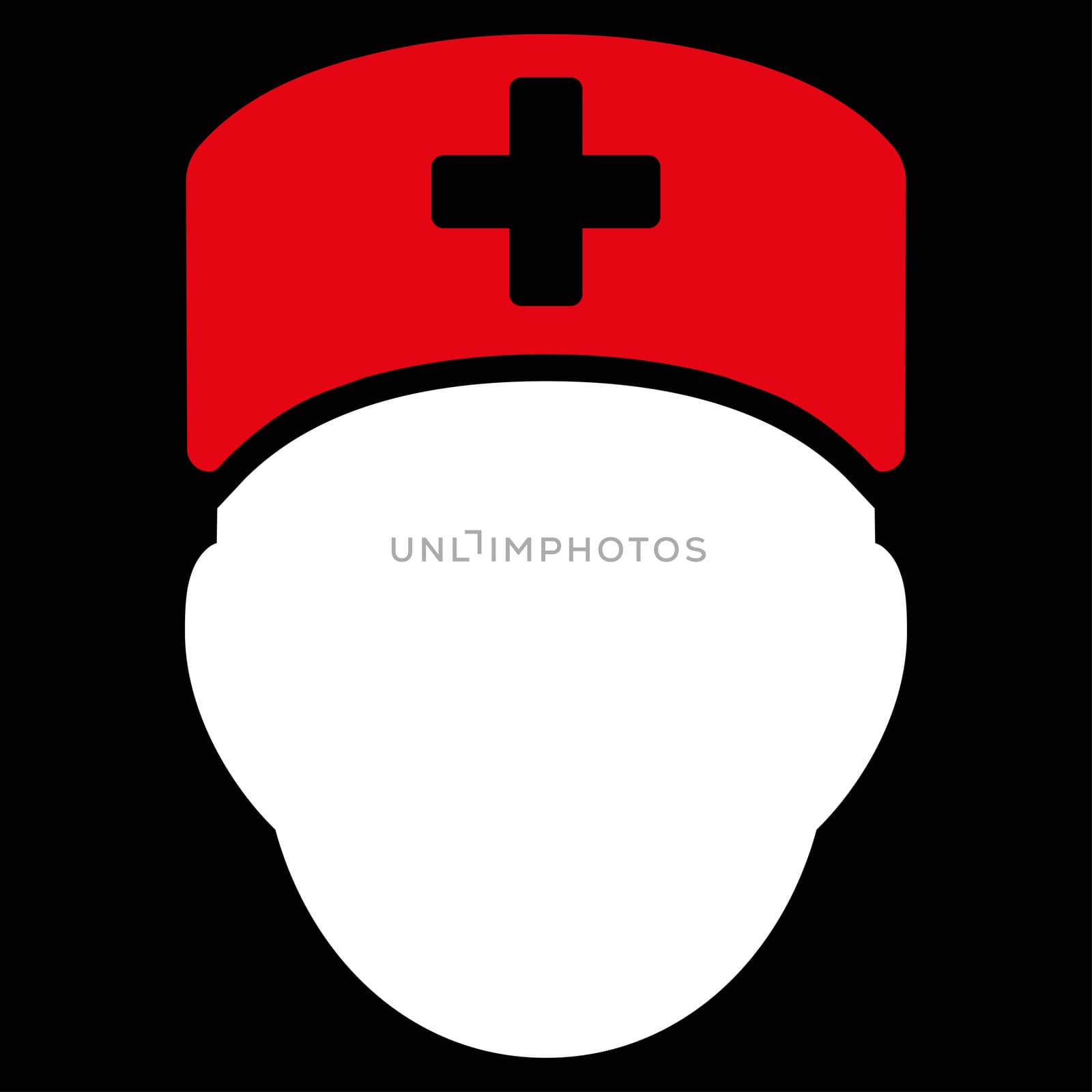 Doctor Head raster icon. Style is bicolor flat symbol, red and white colors, rounded angles, black background.