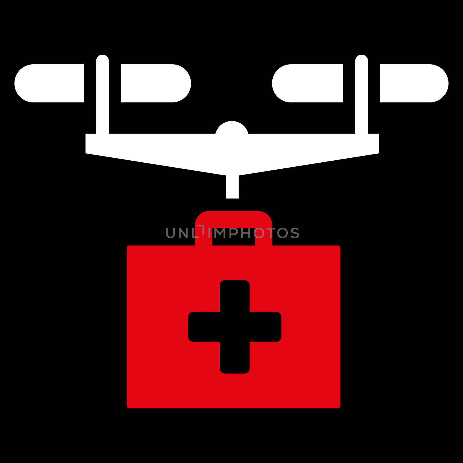 Drug Drone Delivery raster icon. Style is bicolor flat symbol, red and white colors, rounded angles, black background.