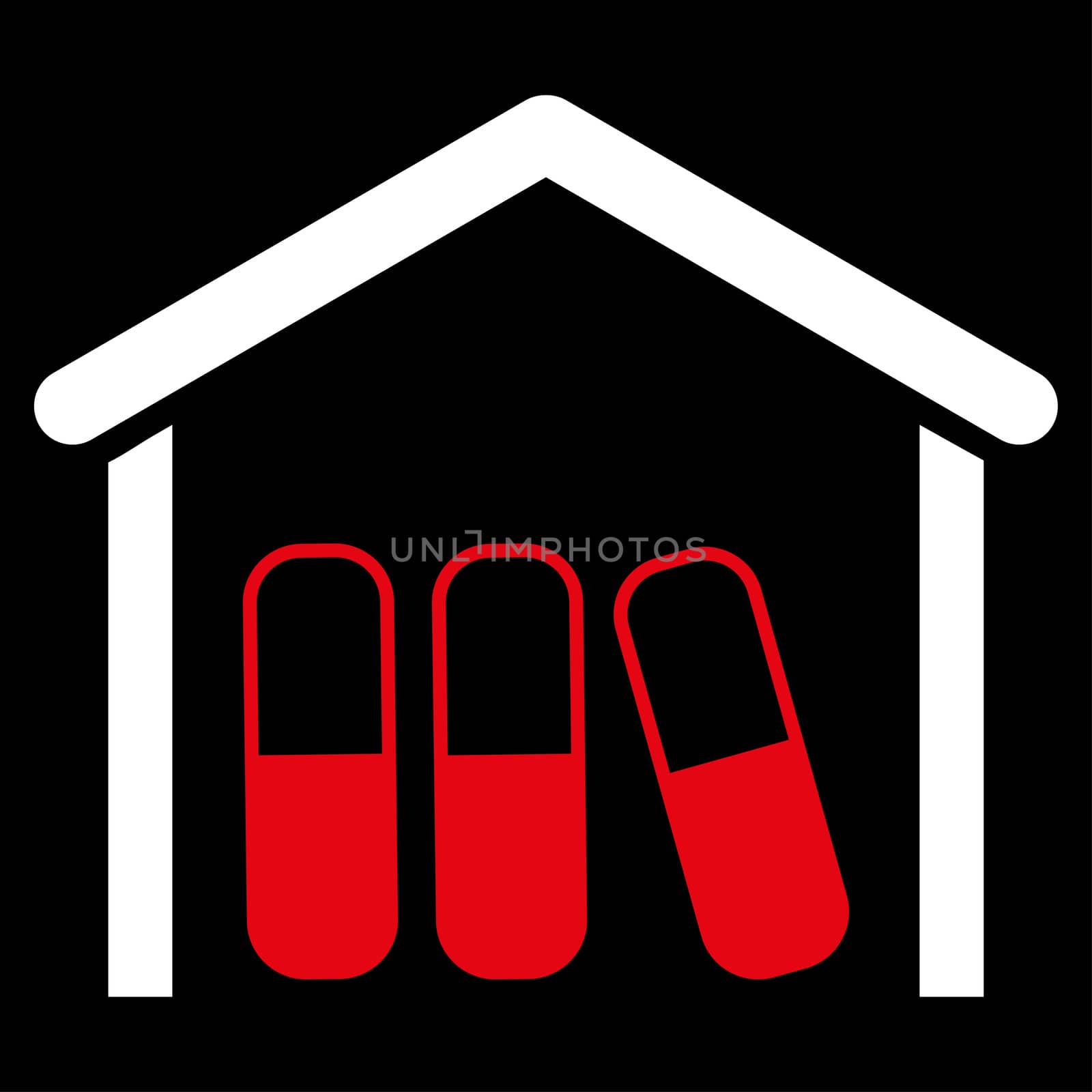 Drugs Garage raster icon. Style is bicolor flat symbol, red and white colors, rounded angles, black background.