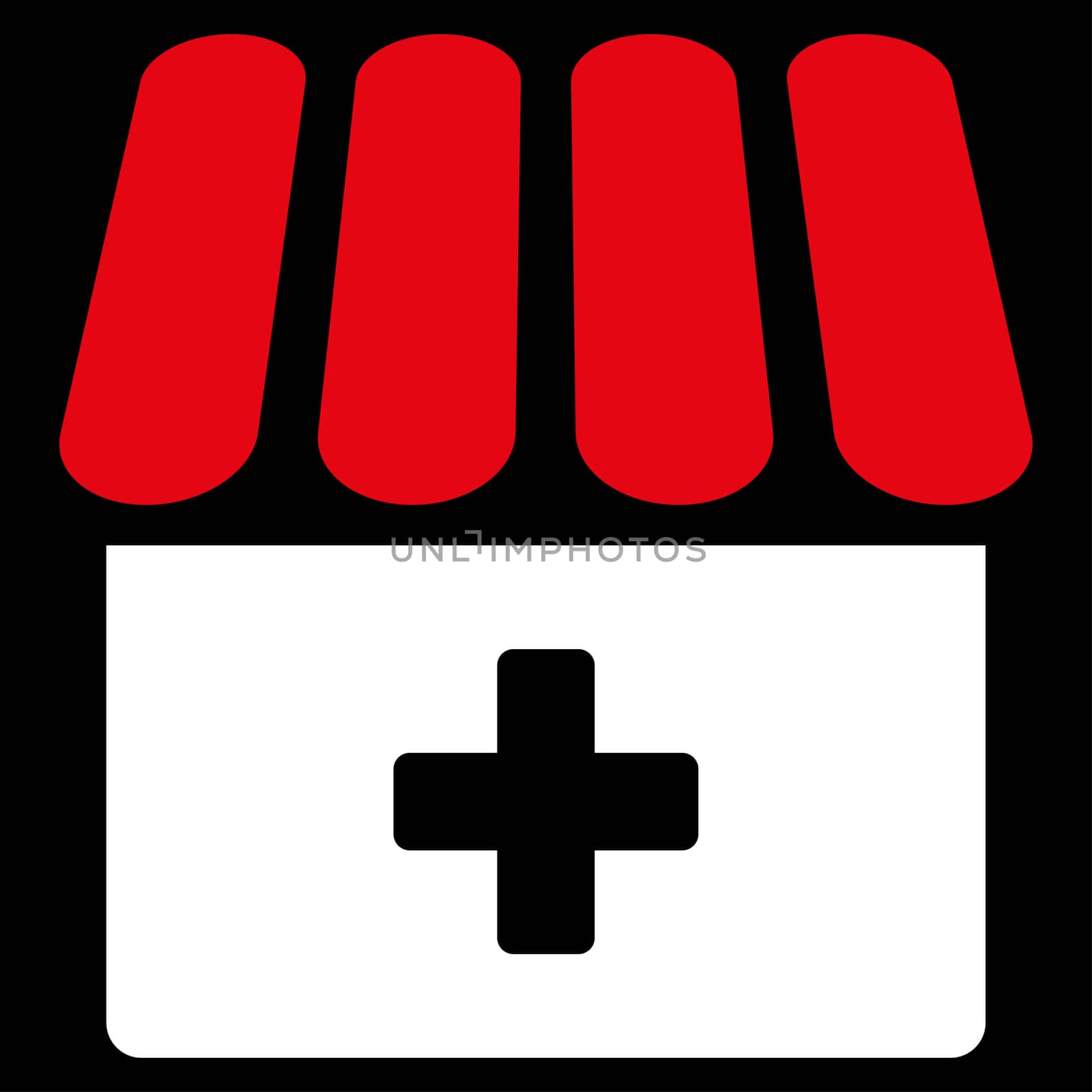 Drugstore raster icon. Style is bicolor flat symbol, red and white colors, rounded angles, black background.