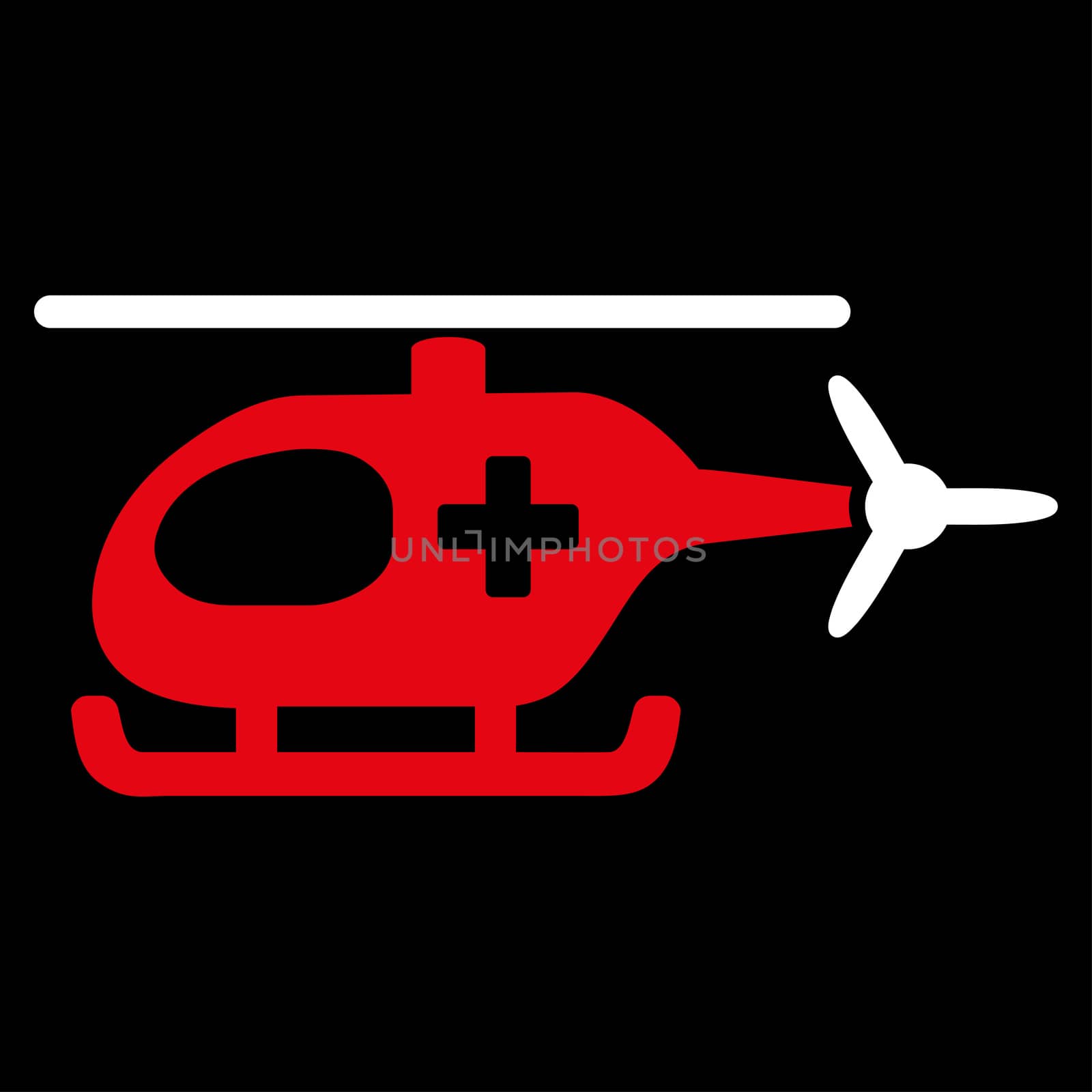 Emergency Helicopter raster icon. Style is bicolor flat symbol, red and white colors, rounded angles, black background.