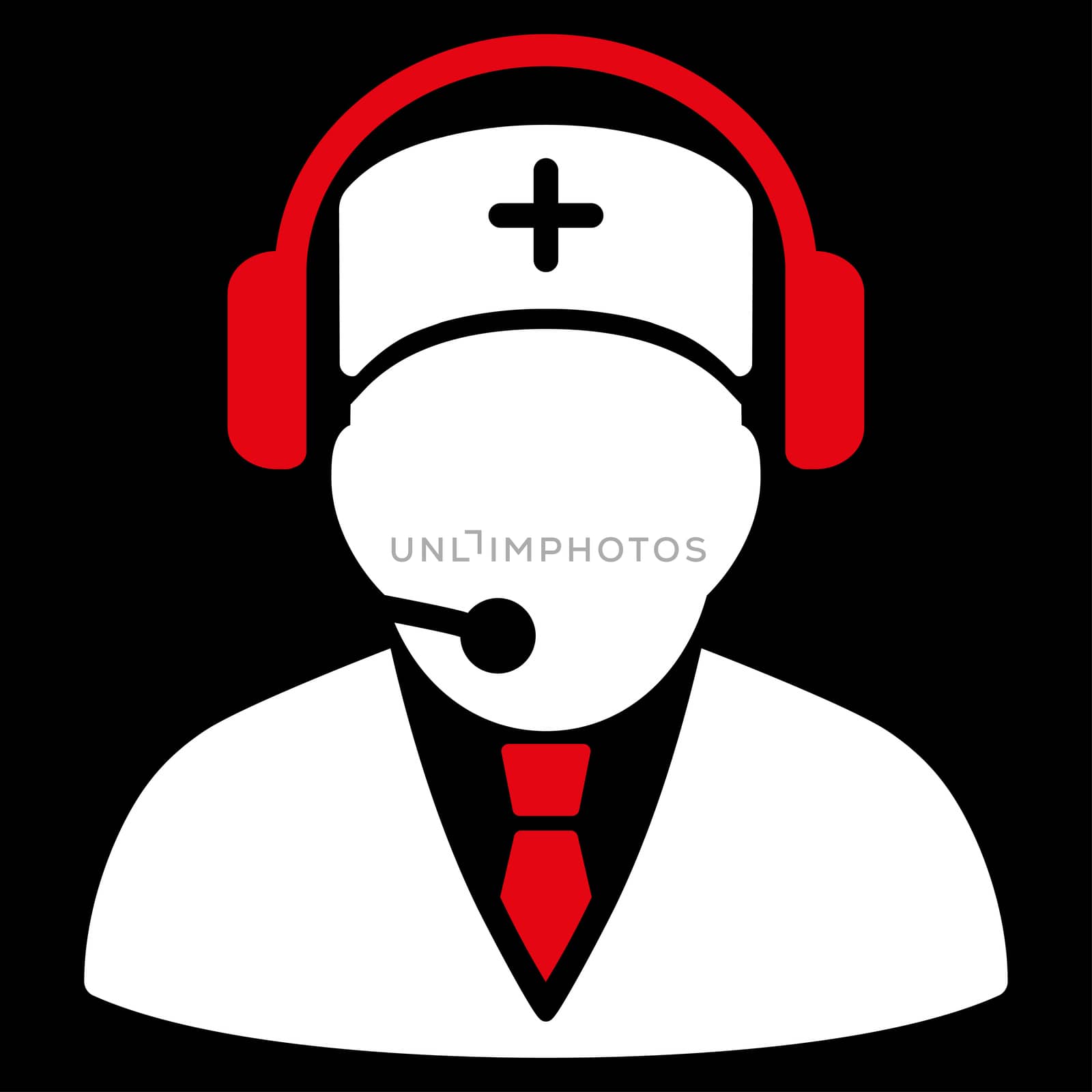 Emergency Operator raster icon. Style is bicolor flat symbol, red and white colors, rounded angles, black background.
