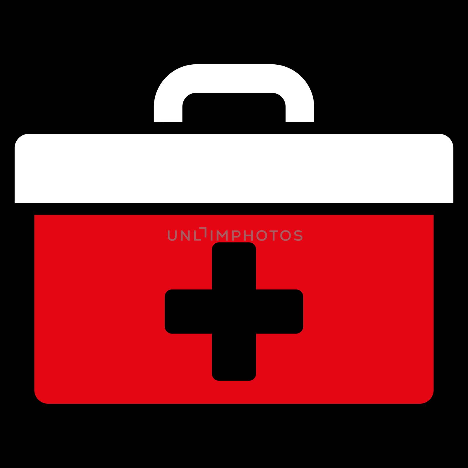 First Aid Toolbox raster icon. Style is bicolor flat symbol, red and white colors, rounded angles, black background.