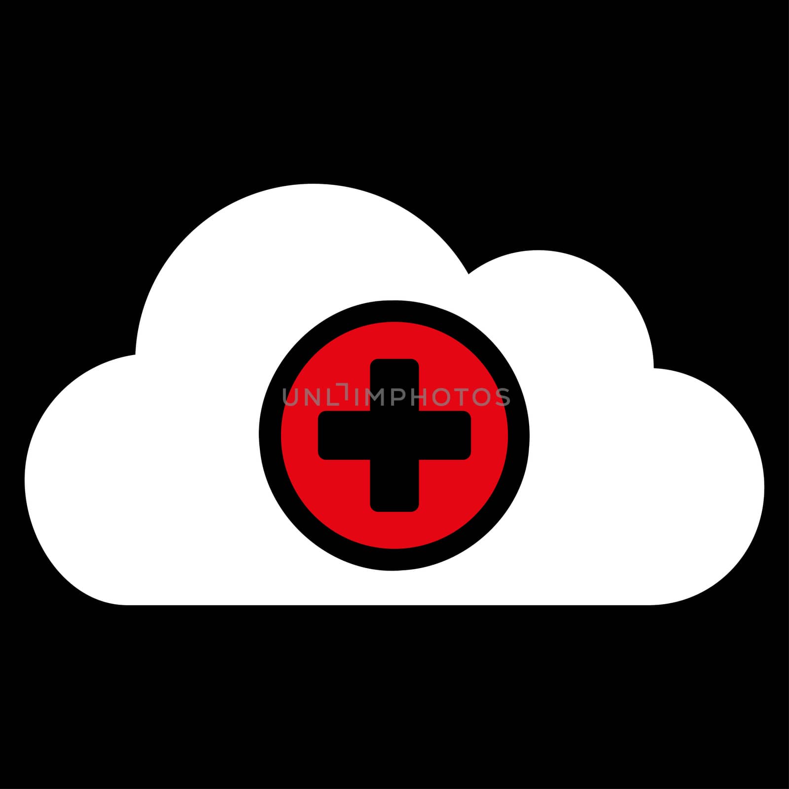 Health Care Cloud raster icon. Style is bicolor flat symbol, red and white colors, rounded angles, black background.
