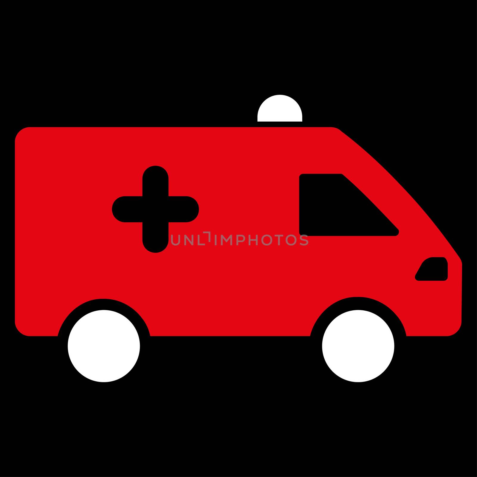 Hospital Car raster icon. Style is bicolor flat symbol, red and white colors, rounded angles, black background.