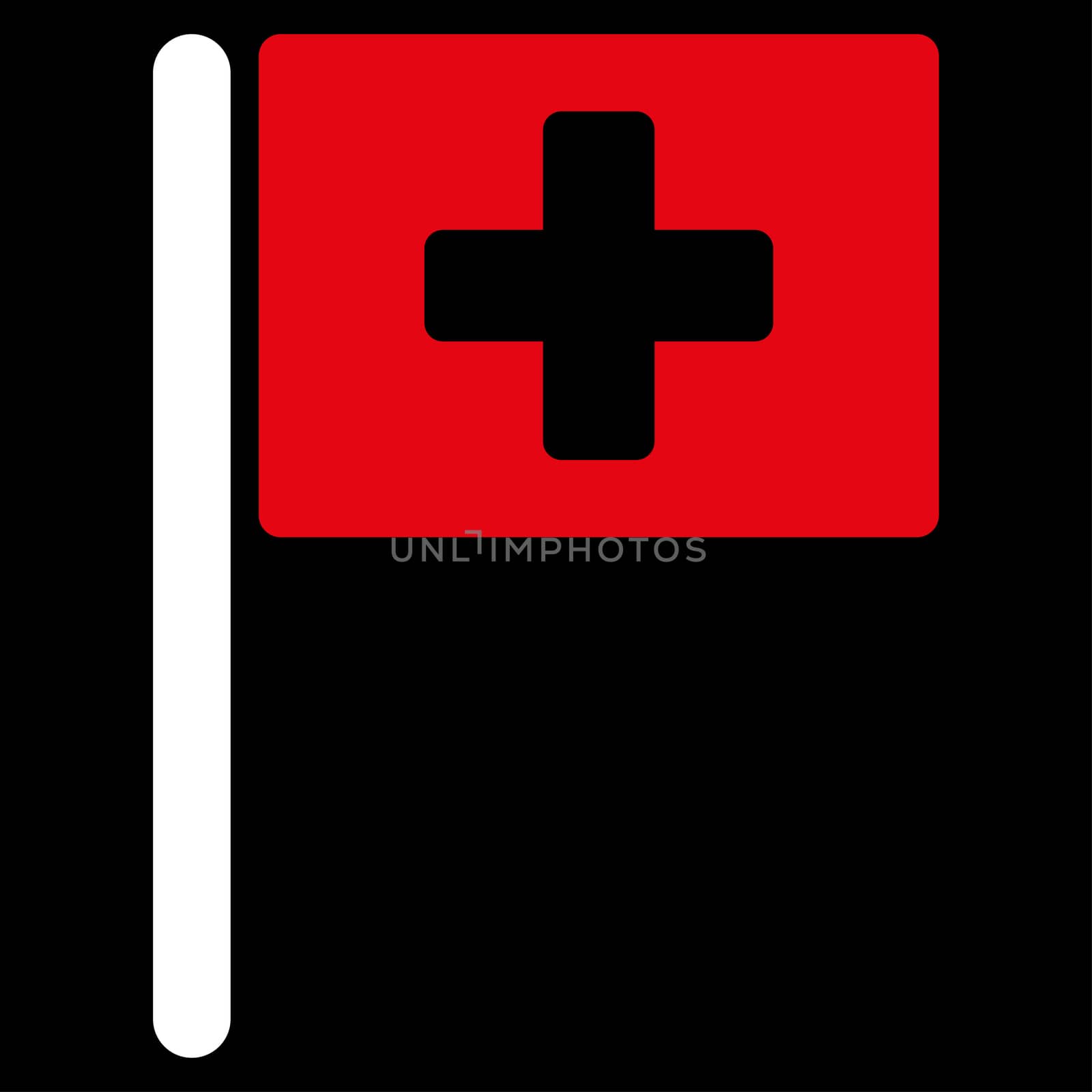 Hospital Flag raster icon. Style is bicolor flat symbol, red and white colors, rounded angles, black background.