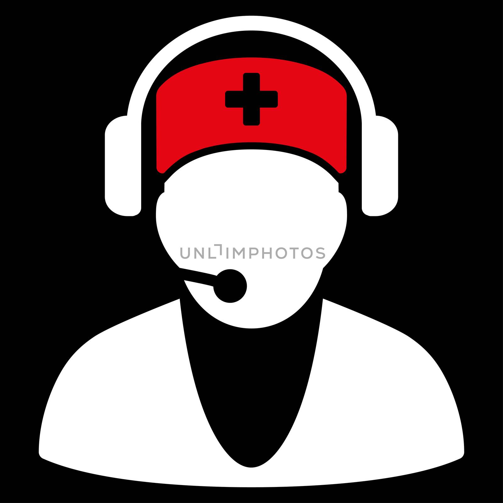 Hospital Receptionist raster icon. Style is bicolor flat symbol, red and white colors, rounded angles, black background.