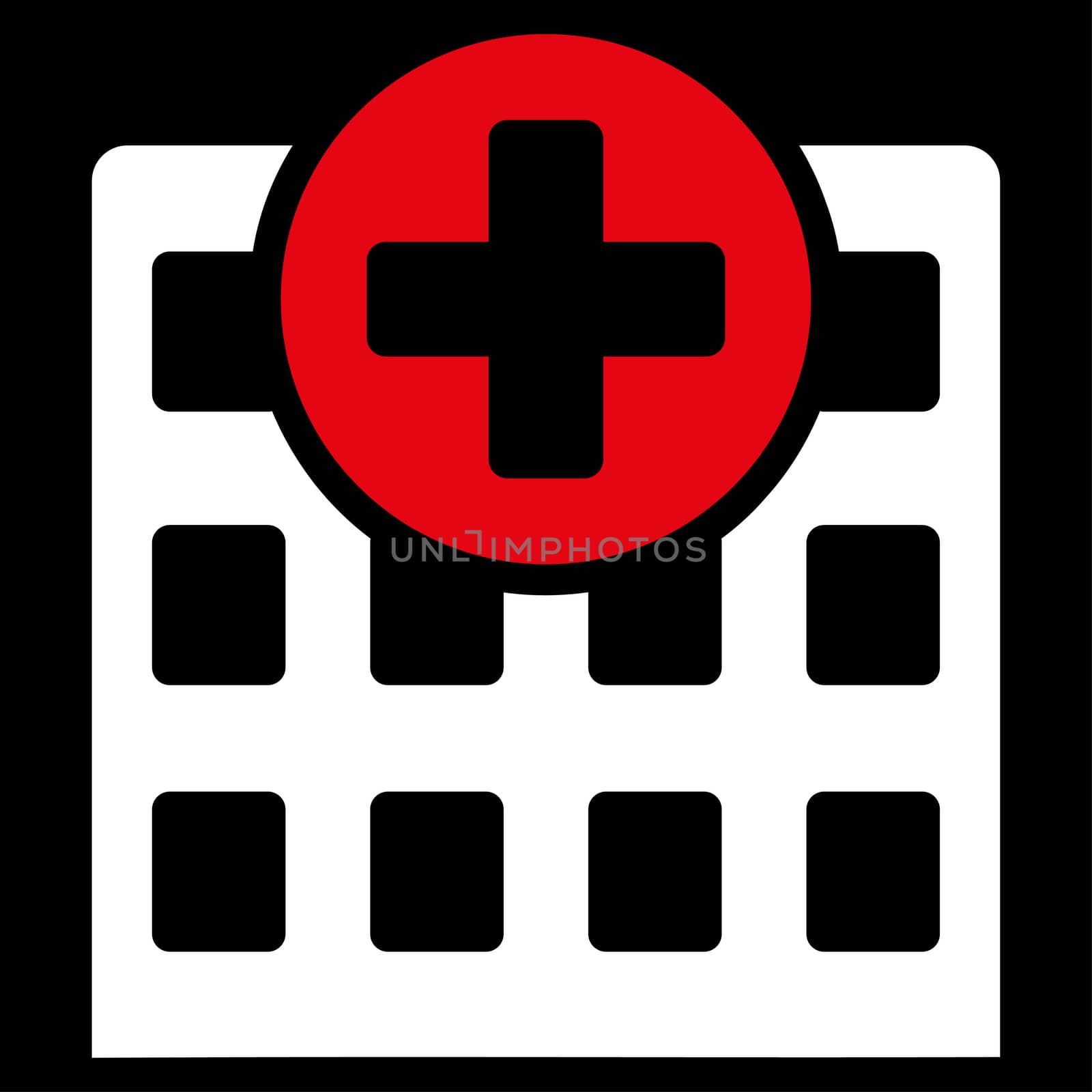 Hospital raster icon. Style is bicolor flat symbol, red and white colors, rounded angles, black background.
