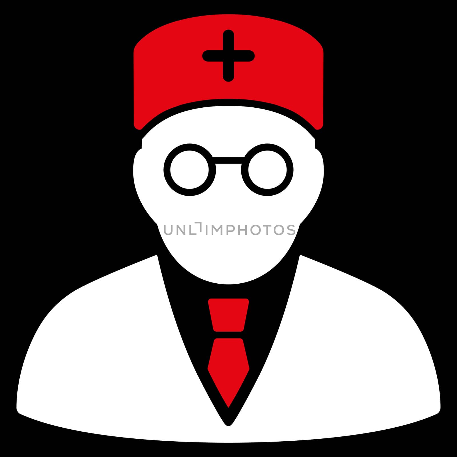 Main Physician raster icon. Style is bicolor flat symbol, red and white colors, rounded angles, black background.
