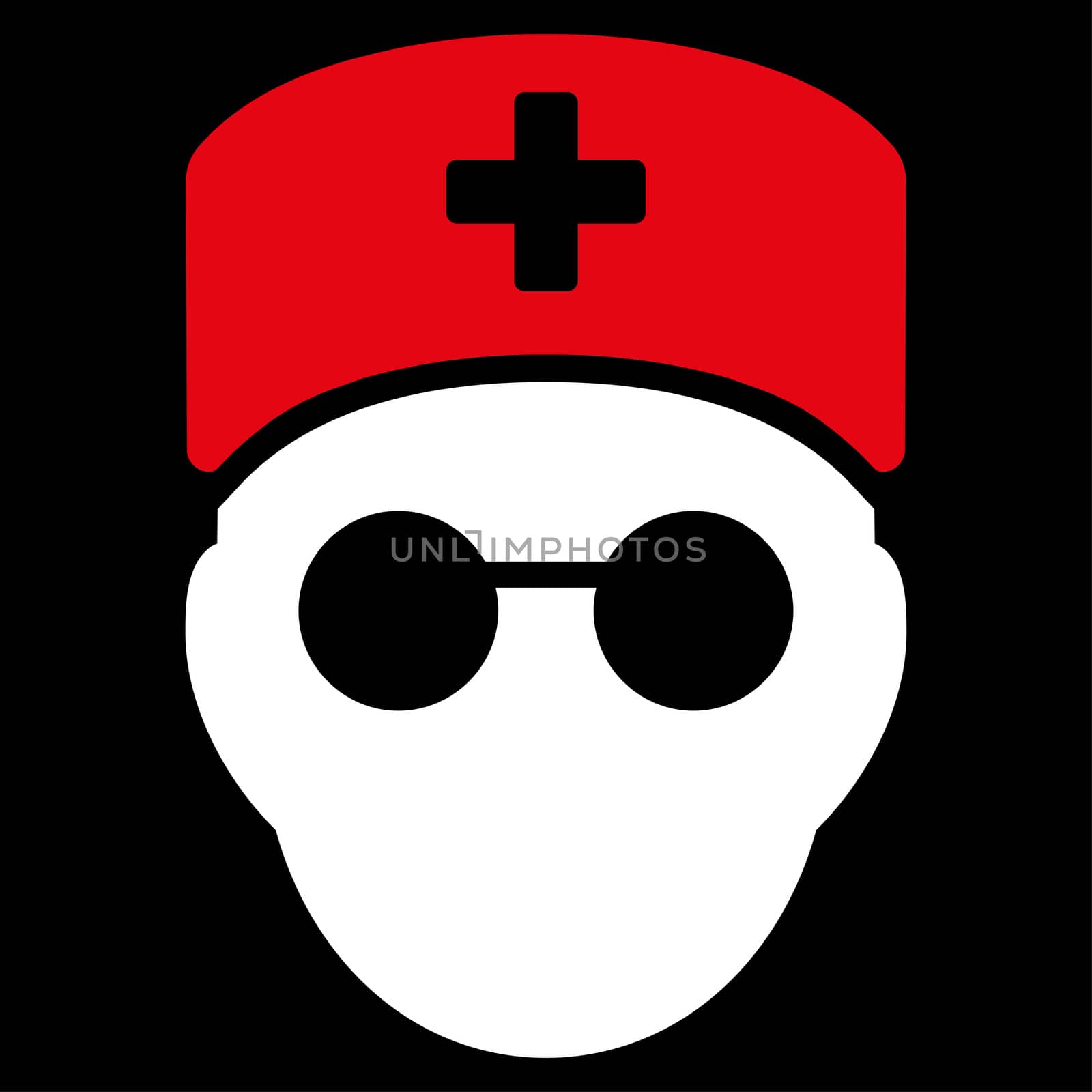 Medic Head raster icon. Style is bicolor flat symbol, red and white colors, rounded angles, black background.
