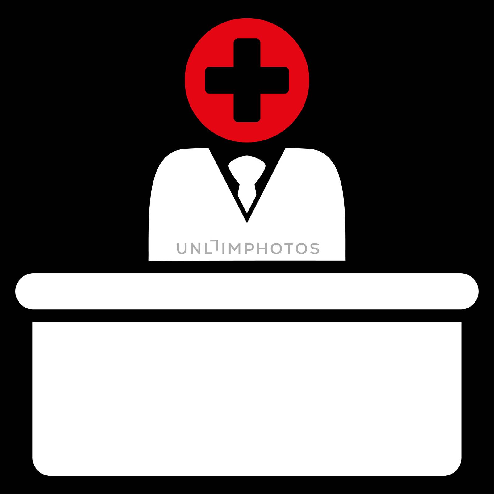 Medical Bureaucrat raster icon. Style is bicolor flat symbol, red and white colors, rounded angles, black background.