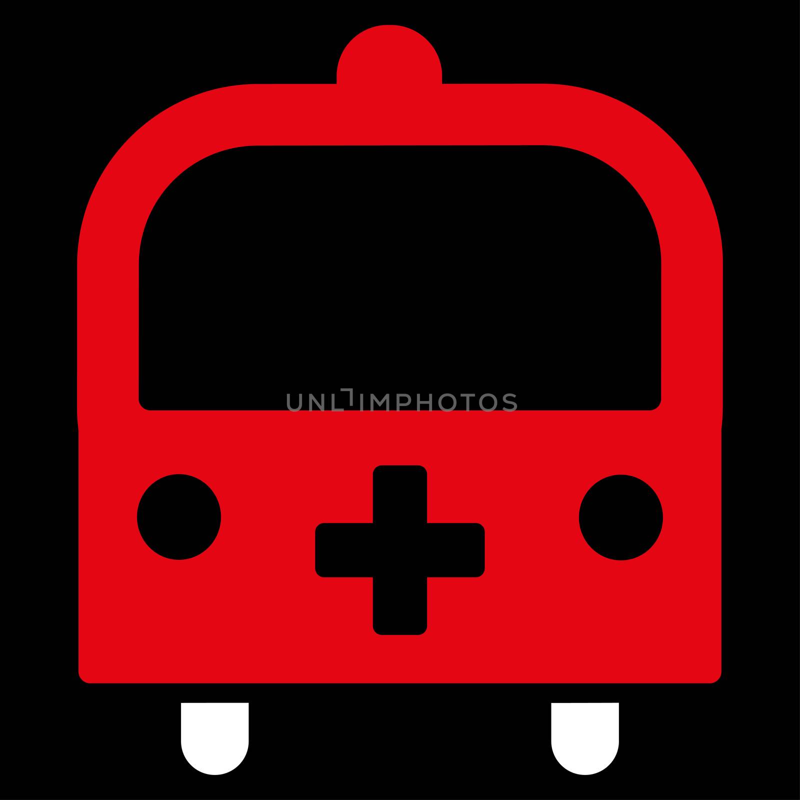 Medical Bus raster icon. Style is bicolor flat symbol, red and white colors, rounded angles, black background.