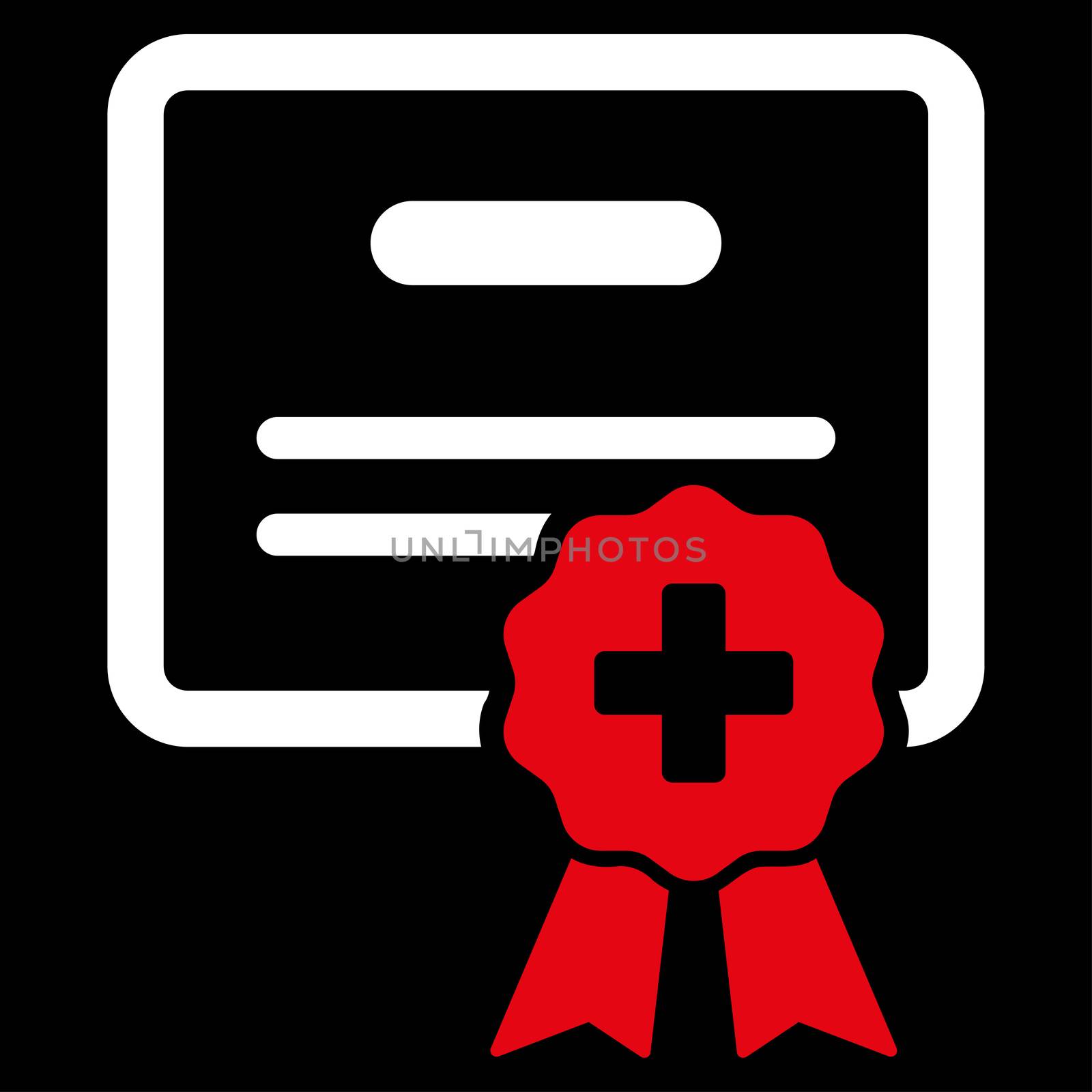 Medical Certification raster icon. Style is bicolor flat symbol, red and white colors, rounded angles, black background.