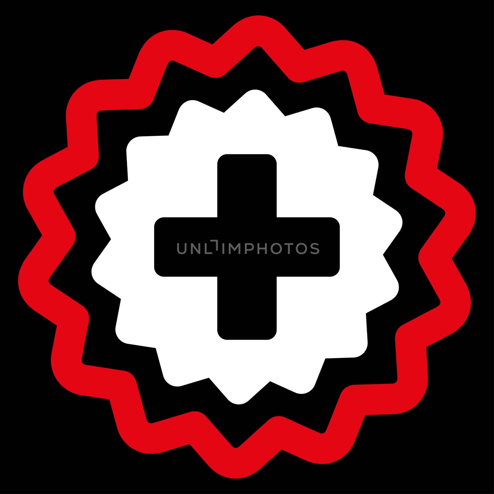 Medical Cross Stamp raster icon. Style is bicolor flat symbol, red and white colors, rounded angles, black background.