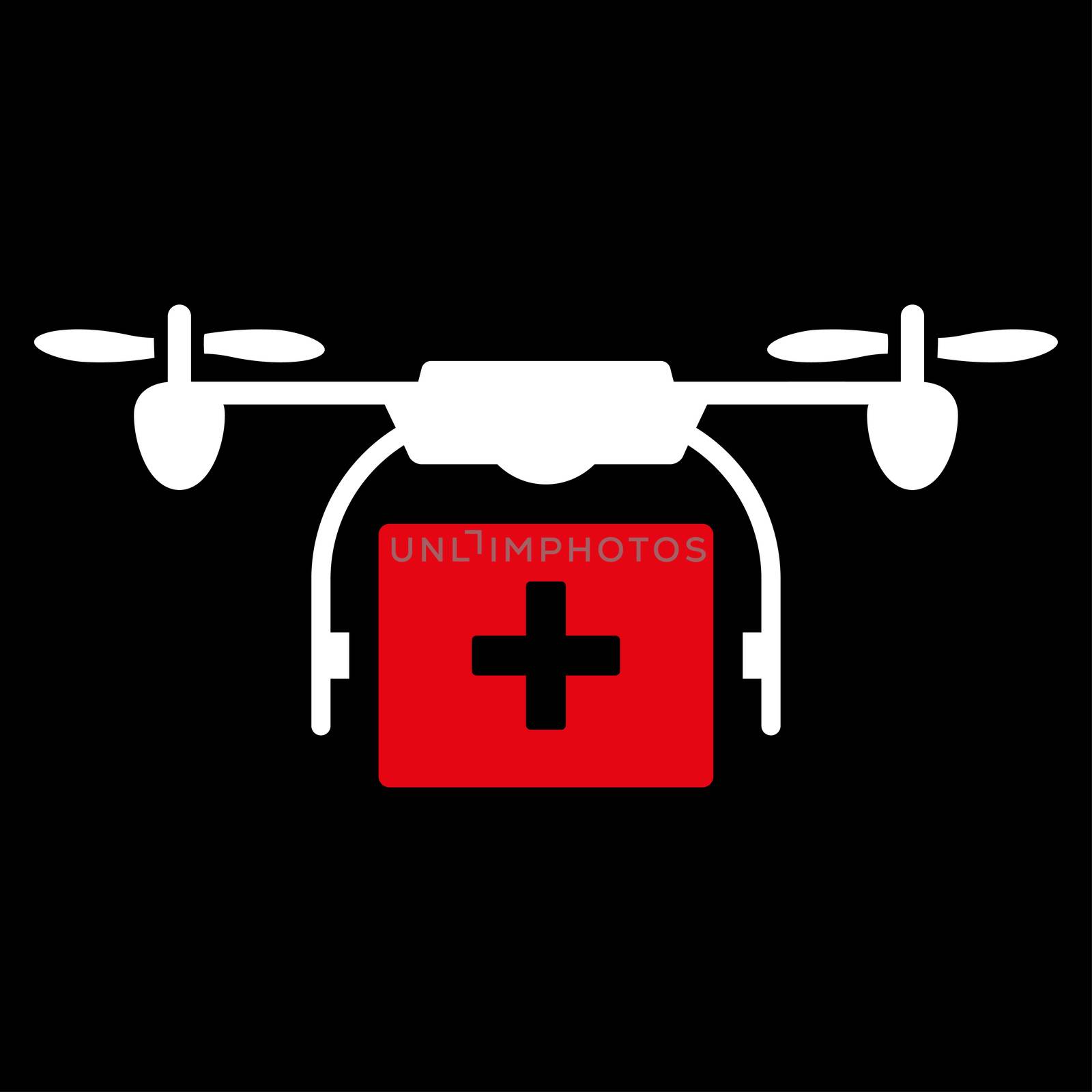 Medical Drone Shipment raster icon. Style is bicolor flat symbol, red and white colors, rounded angles, black background.