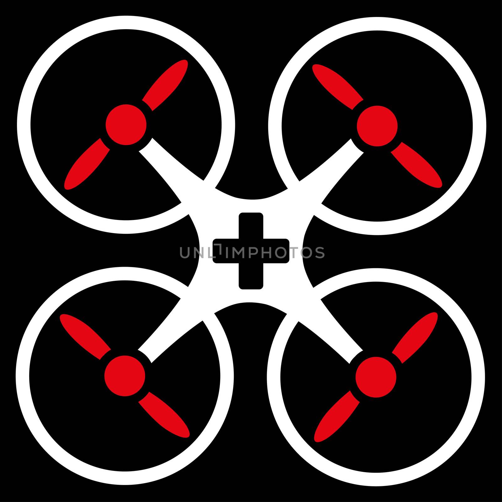 Medical Drone raster icon. Style is bicolor flat symbol, red and white colors, rounded angles, black background.