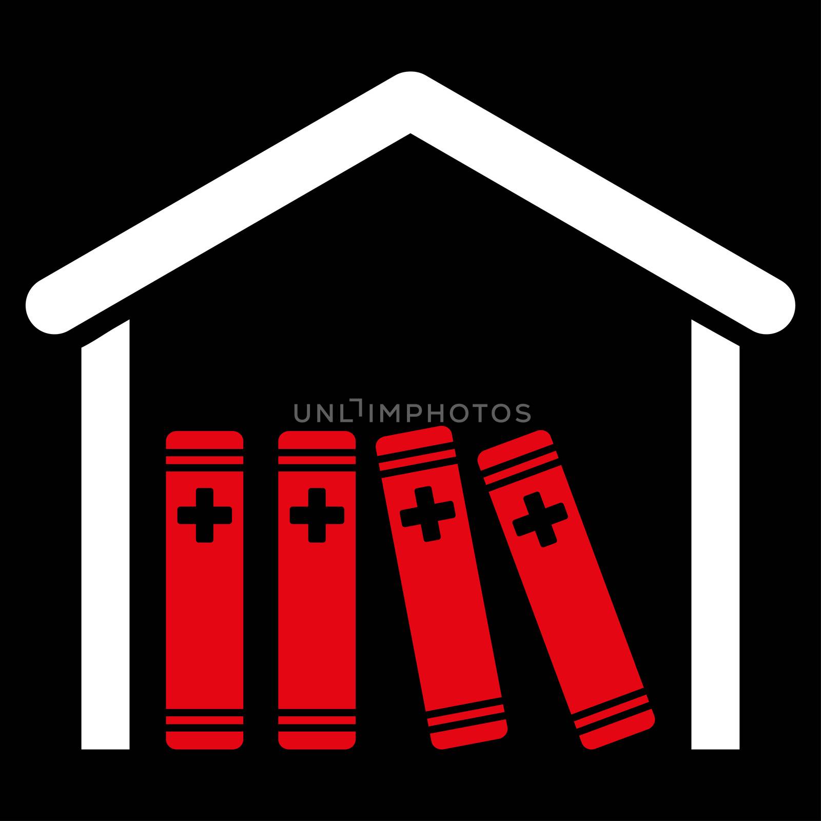 Medical Library raster icon. Style is bicolor flat symbol, red and white colors, rounded angles, black background.