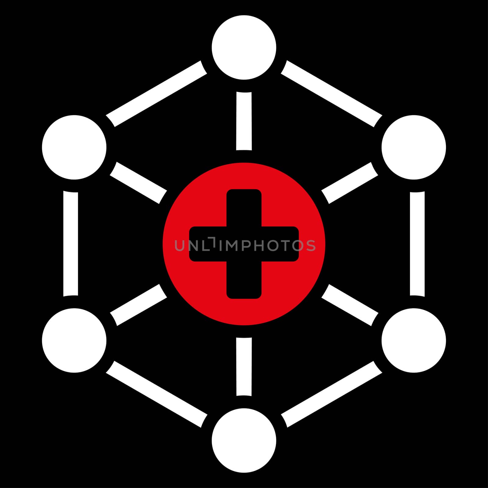 Medical Network raster icon. Style is bicolor flat symbol, red and white colors, rounded angles, black background.