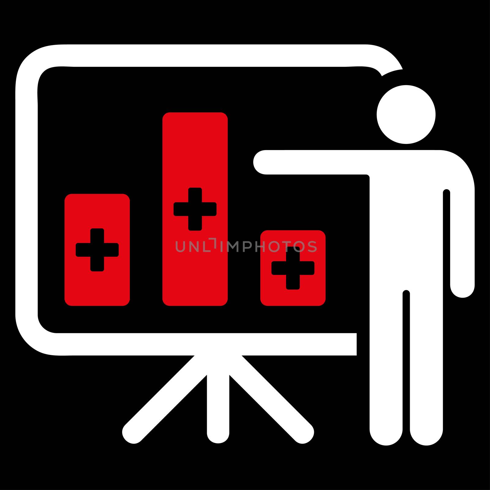 Medical Public Report raster icon. Style is bicolor flat symbol, red and white colors, rounded angles, black background.