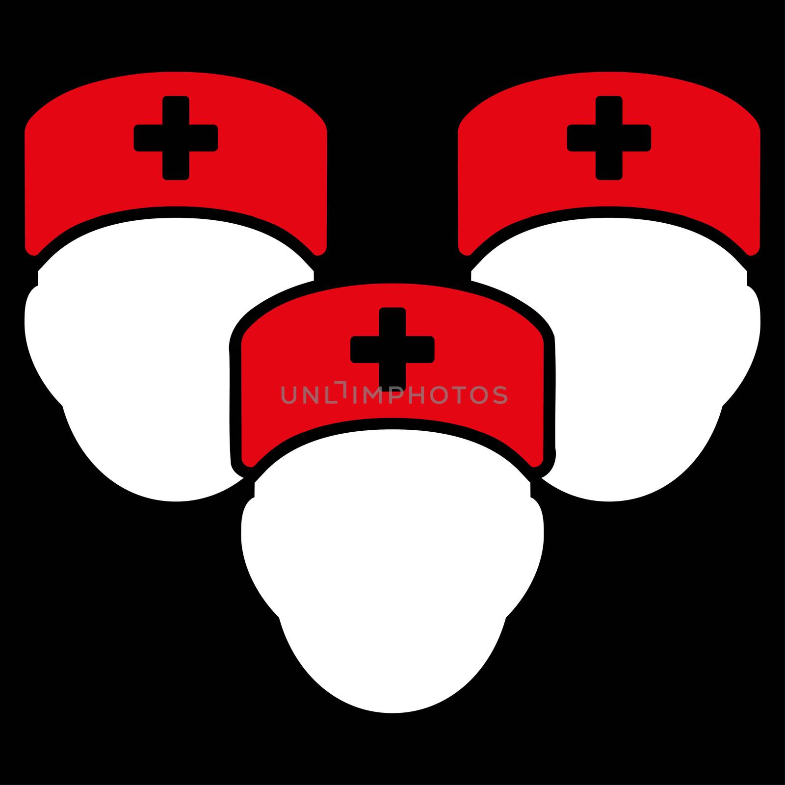 Medical Staff raster icon. Style is bicolor flat symbol, red and white colors, rounded angles, black background.
