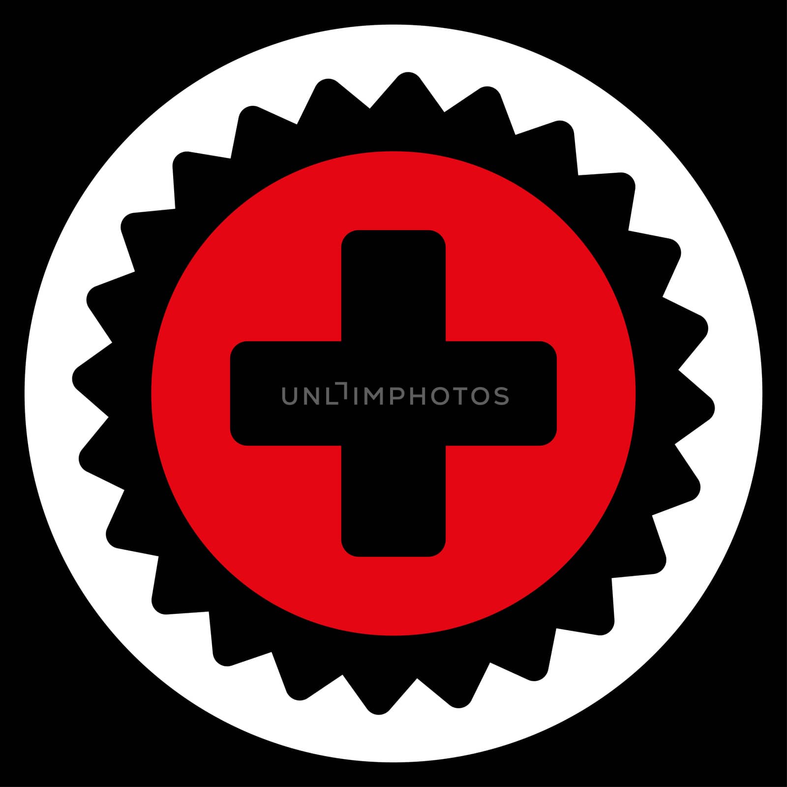 Medical Stamp raster icon. Style is bicolor flat symbol, red and white colors, rounded angles, black background.