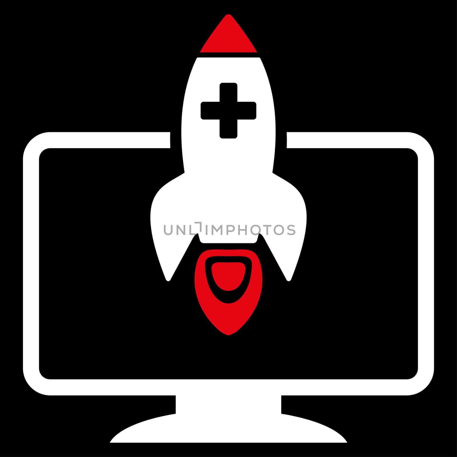 Medical Startup raster icon. Style is bicolor flat symbol, red and white colors, rounded angles, black background.