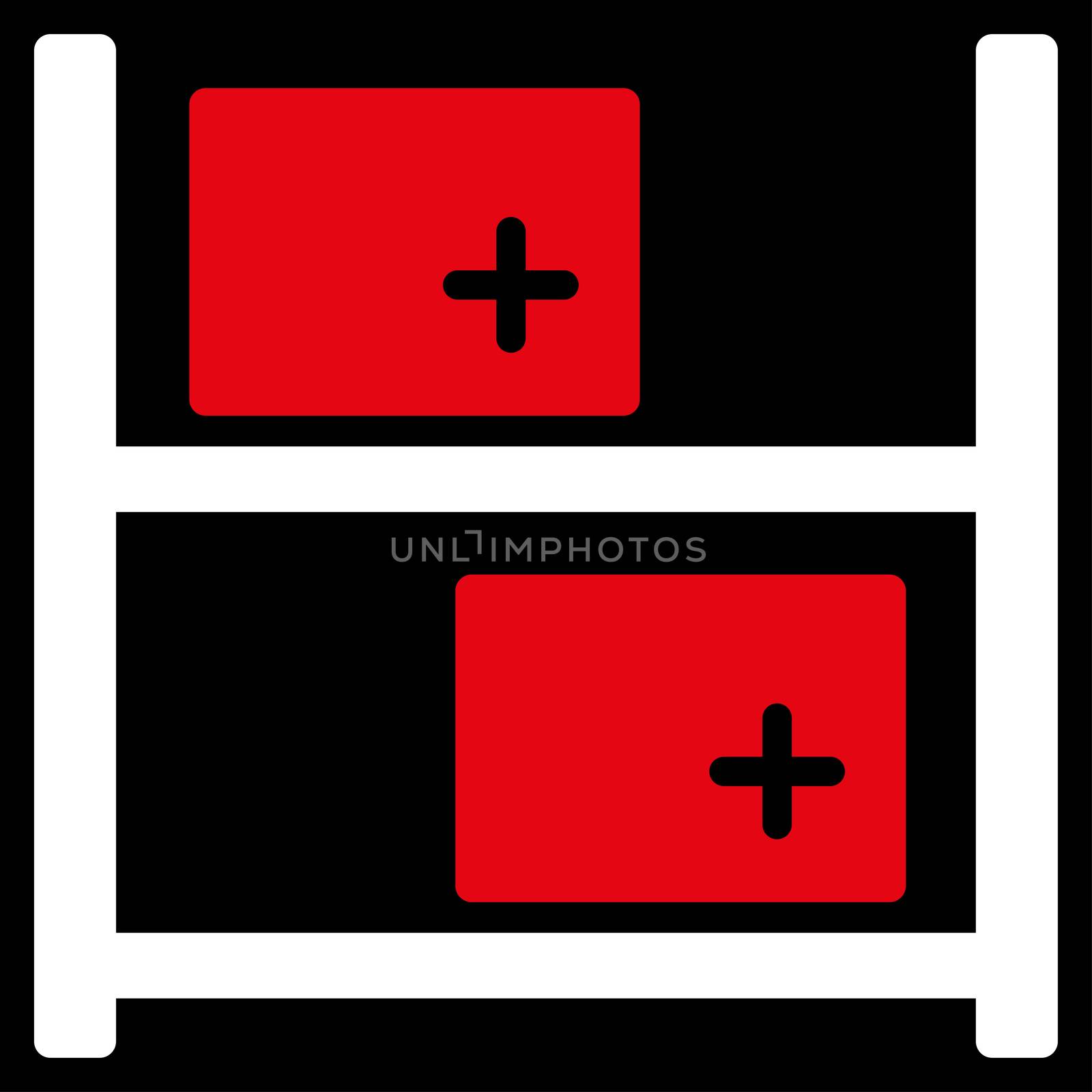 Medical Warehouse raster icon. Style is bicolor flat symbol, red and white colors, rounded angles, black background.