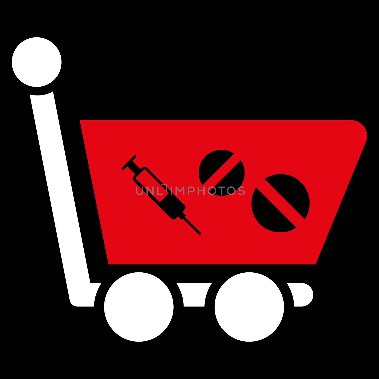 Medication Shopping Cart raster icon. Style is bicolor flat symbol, red and white colors, rounded angles, black background.