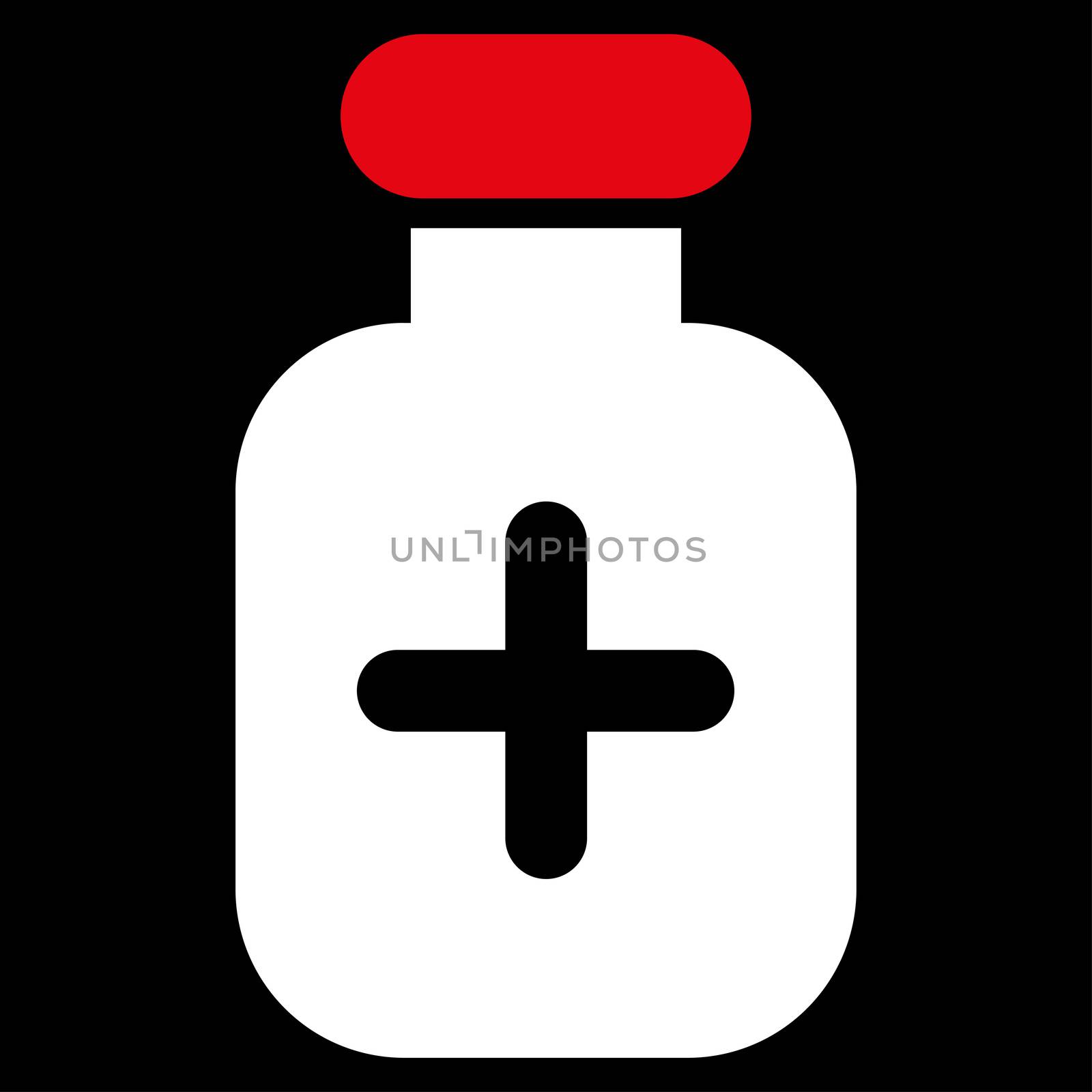 Medication Vial raster icon. Style is bicolor flat symbol, red and white colors, rounded angles, black background.