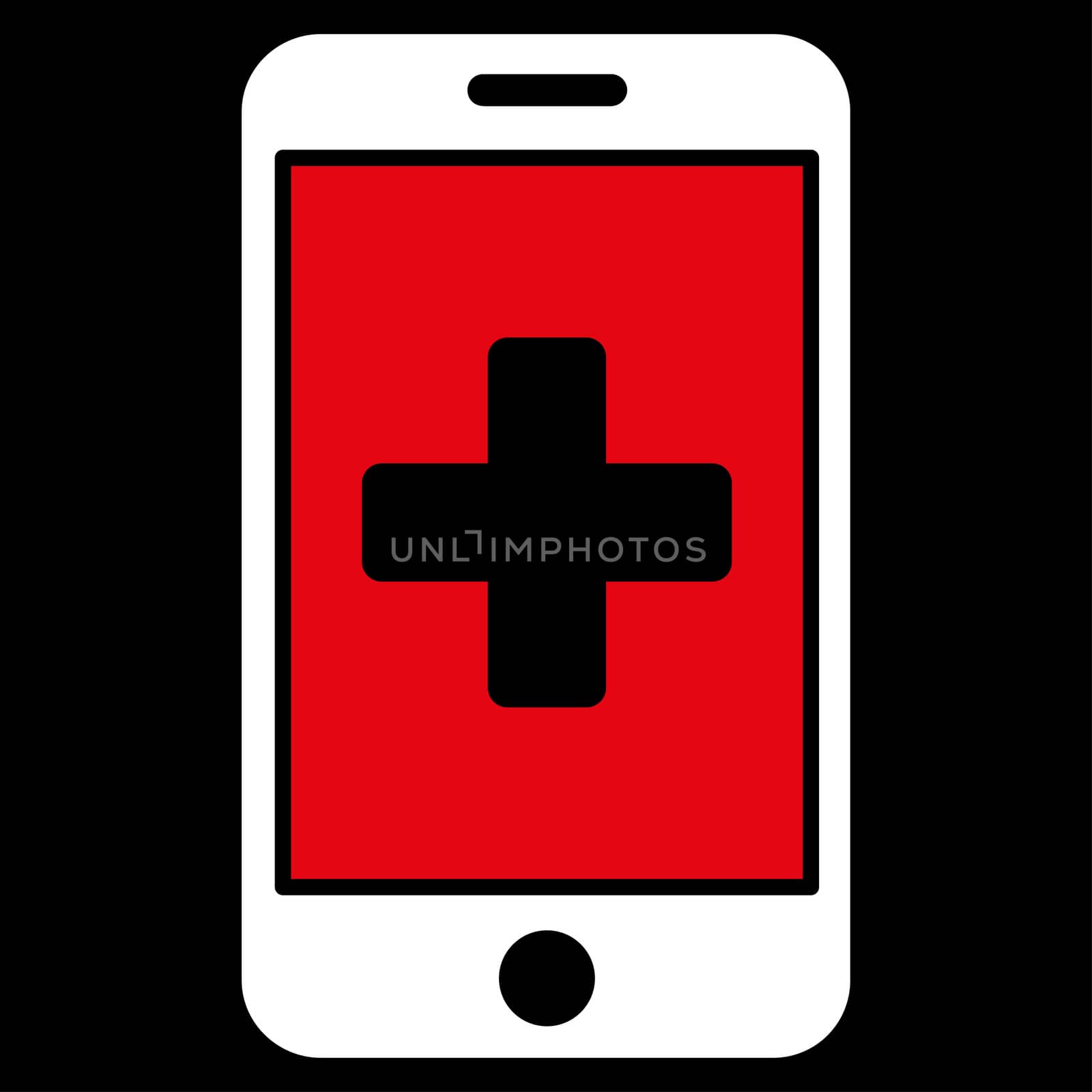 Mobile Medicine raster icon. Style is bicolor flat symbol, red and white colors, rounded angles, black background.