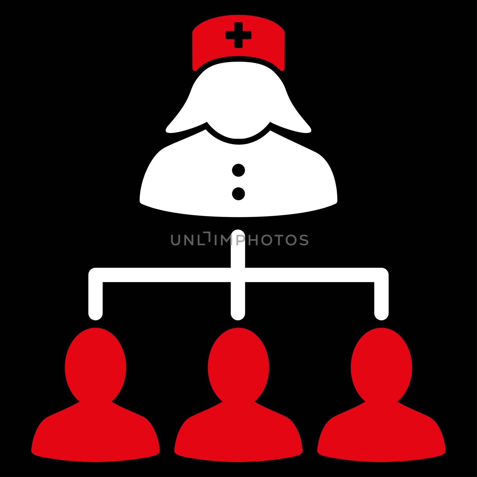 Nurse Patients Connections raster icon. Style is bicolor flat symbol, red and white colors, rounded angles, black background.