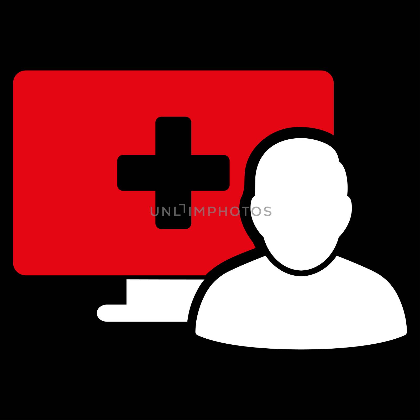 Online Medicine raster icon. Style is bicolor flat symbol, red and white colors, rounded angles, black background.