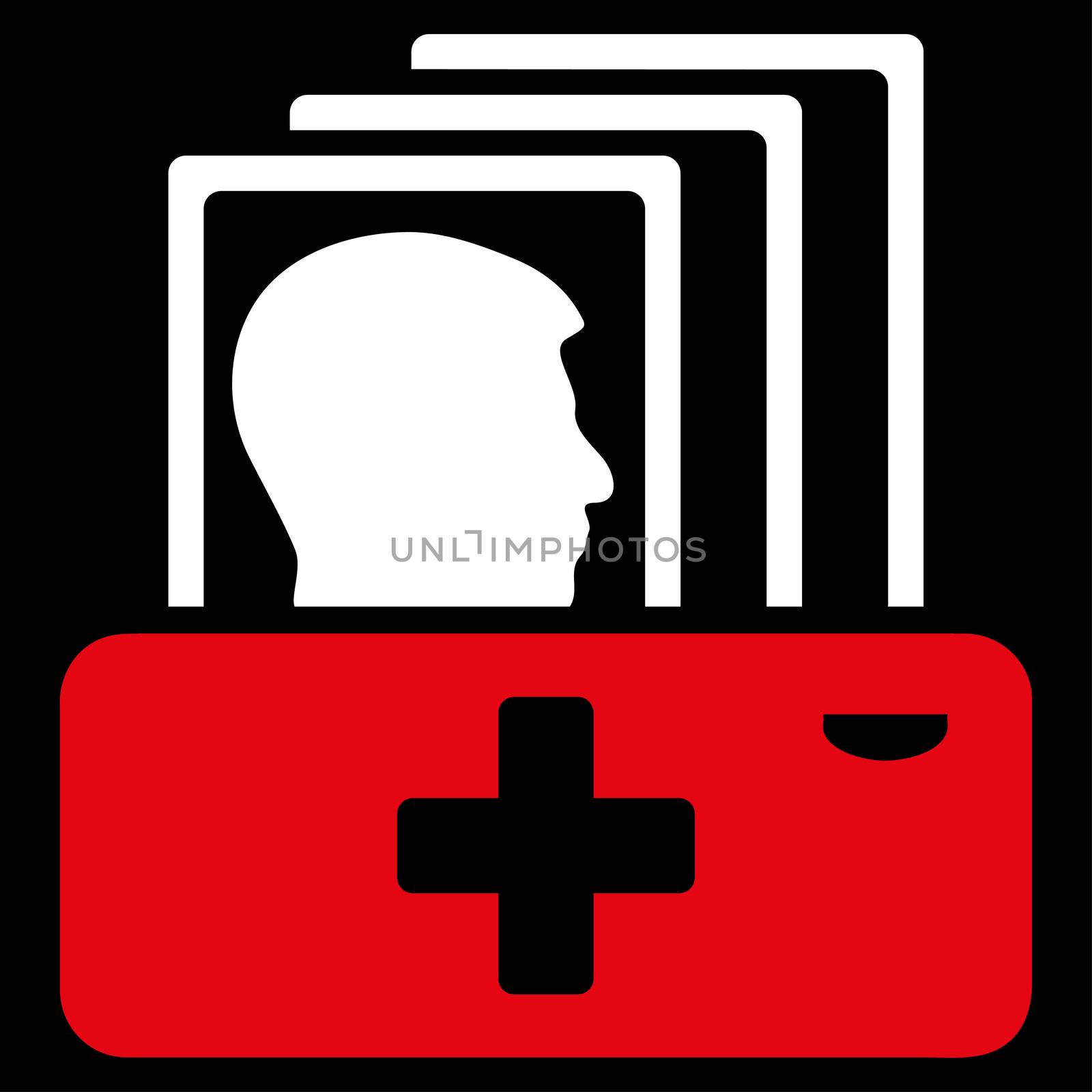 Patient Catalog raster icon. Style is bicolor flat symbol, red and white colors, rounded angles, black background.