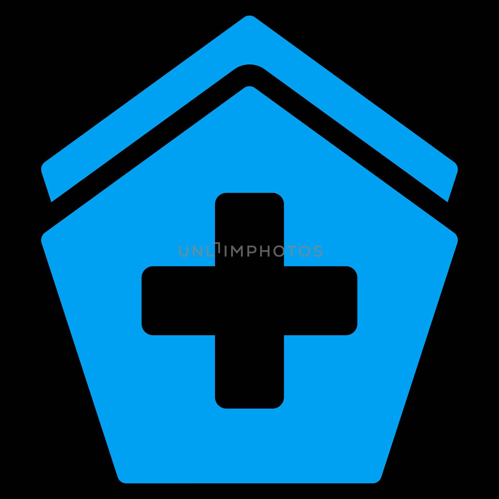 Clinic Building raster icon. Style is flat symbol, blue color, rounded angles, black background.