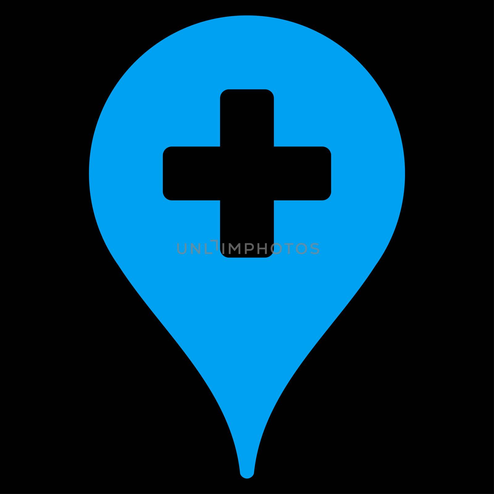 Clinic Map Pointer raster icon. Style is flat symbol, blue color, rounded angles, black background.