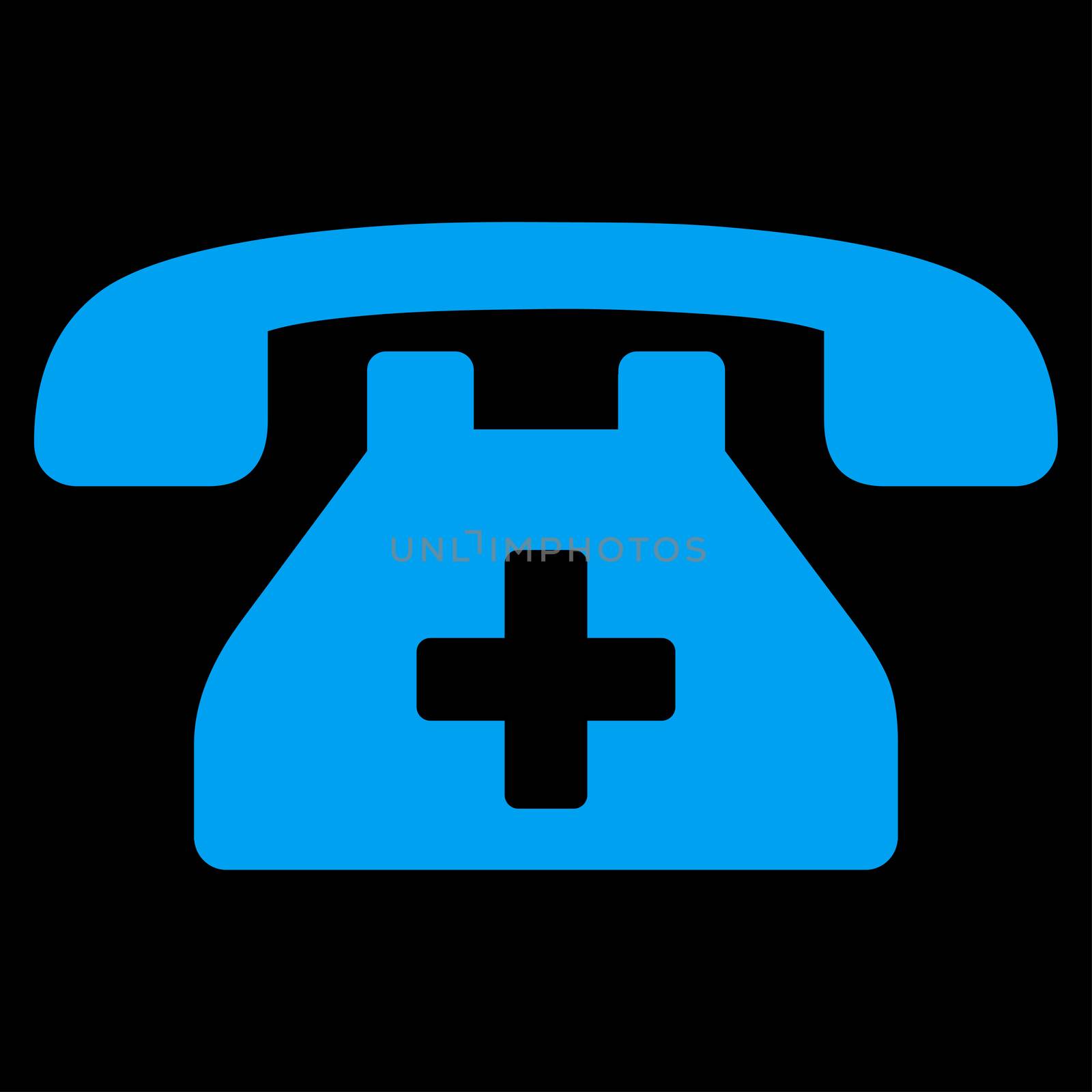 Clinic Phone raster icon. Style is flat symbol, blue color, rounded angles, black background.