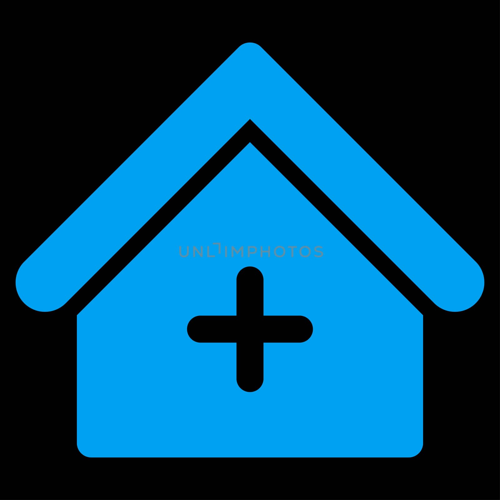 Clinic raster icon. Style is flat symbol, blue color, rounded angles, black background.