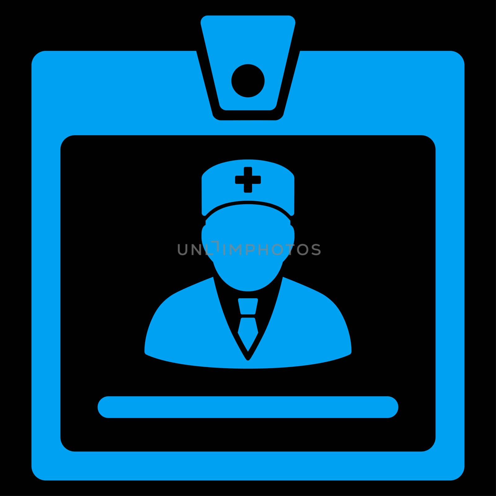 Doctor Badge raster icon. Style is flat symbol, blue color, rounded angles, black background.