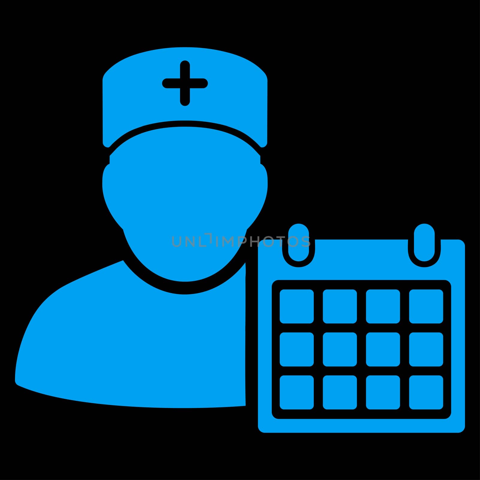 Doctor Calendar raster icon. Style is flat symbol, blue color, rounded angles, black background.