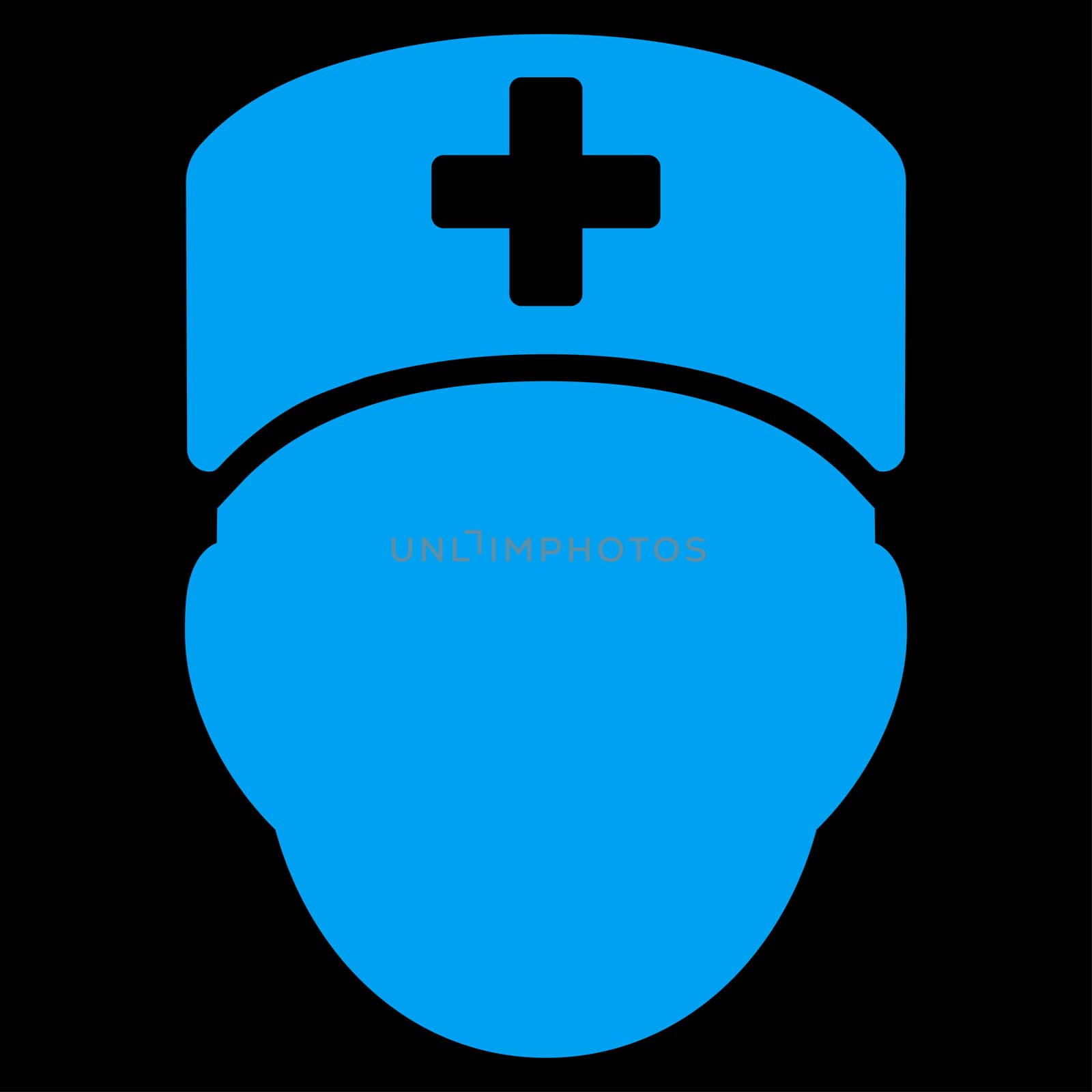 Doctor Head raster icon. Style is flat symbol, blue color, rounded angles, black background.
