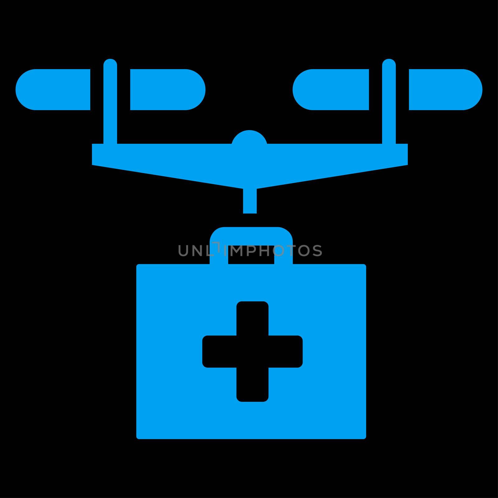 Drug Drone Delivery raster icon. Style is flat symbol, blue color, rounded angles, black background.