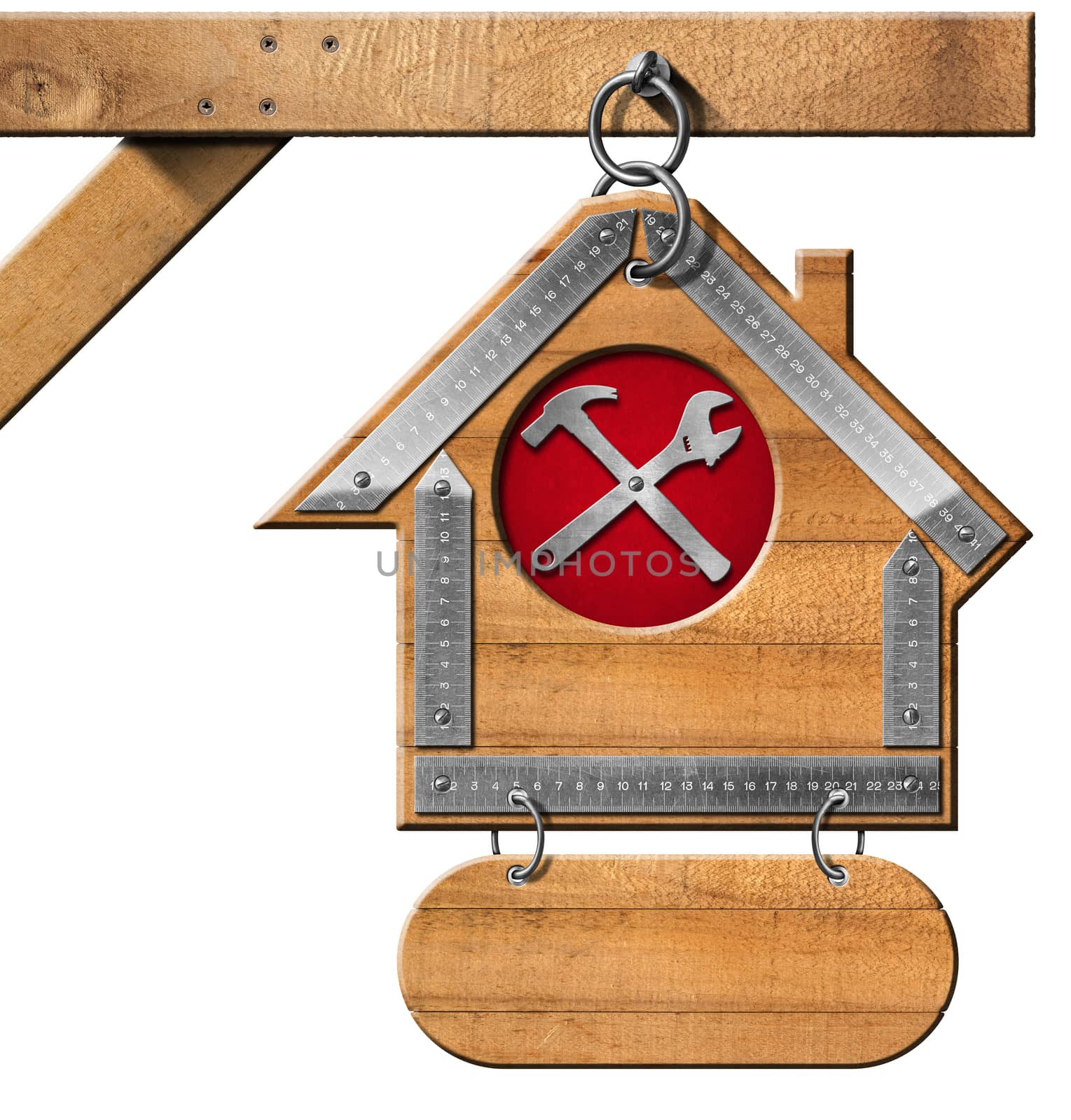 Wooden and metallic sign in the shape of house with a symbol with hammer and wrench. Hanging from a metal chain and isolated on white background