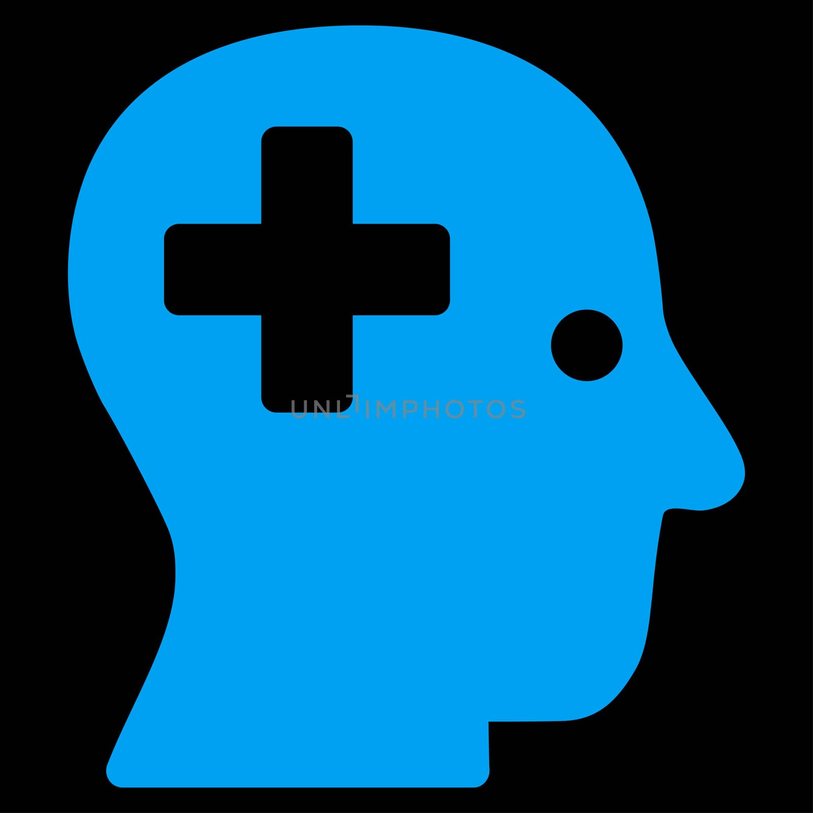 Plus Head raster icon. Style is flat symbol, blue color, rounded angles, black background.
