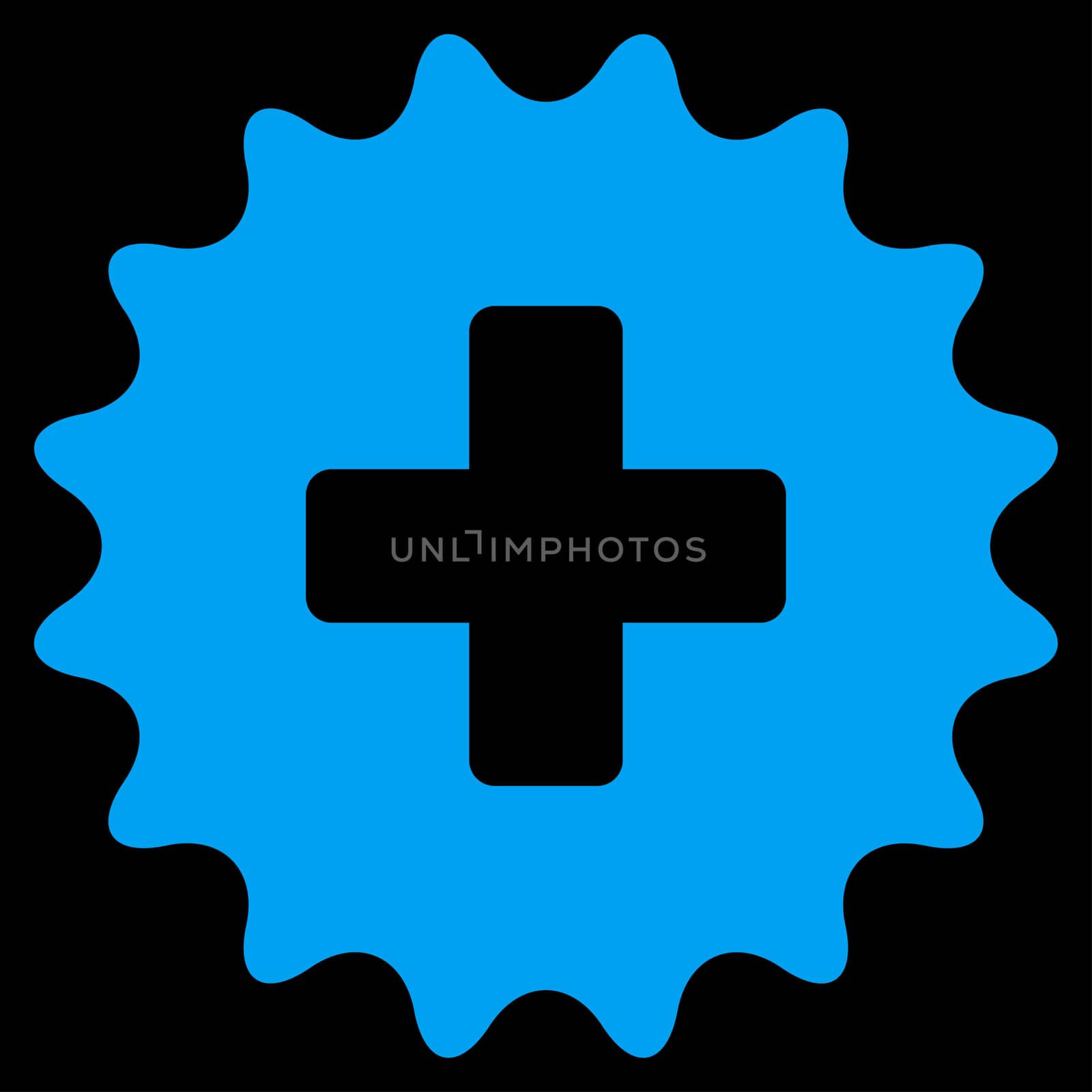 Plus Stamp raster icon. Style is flat symbol, blue color, rounded angles, black background.