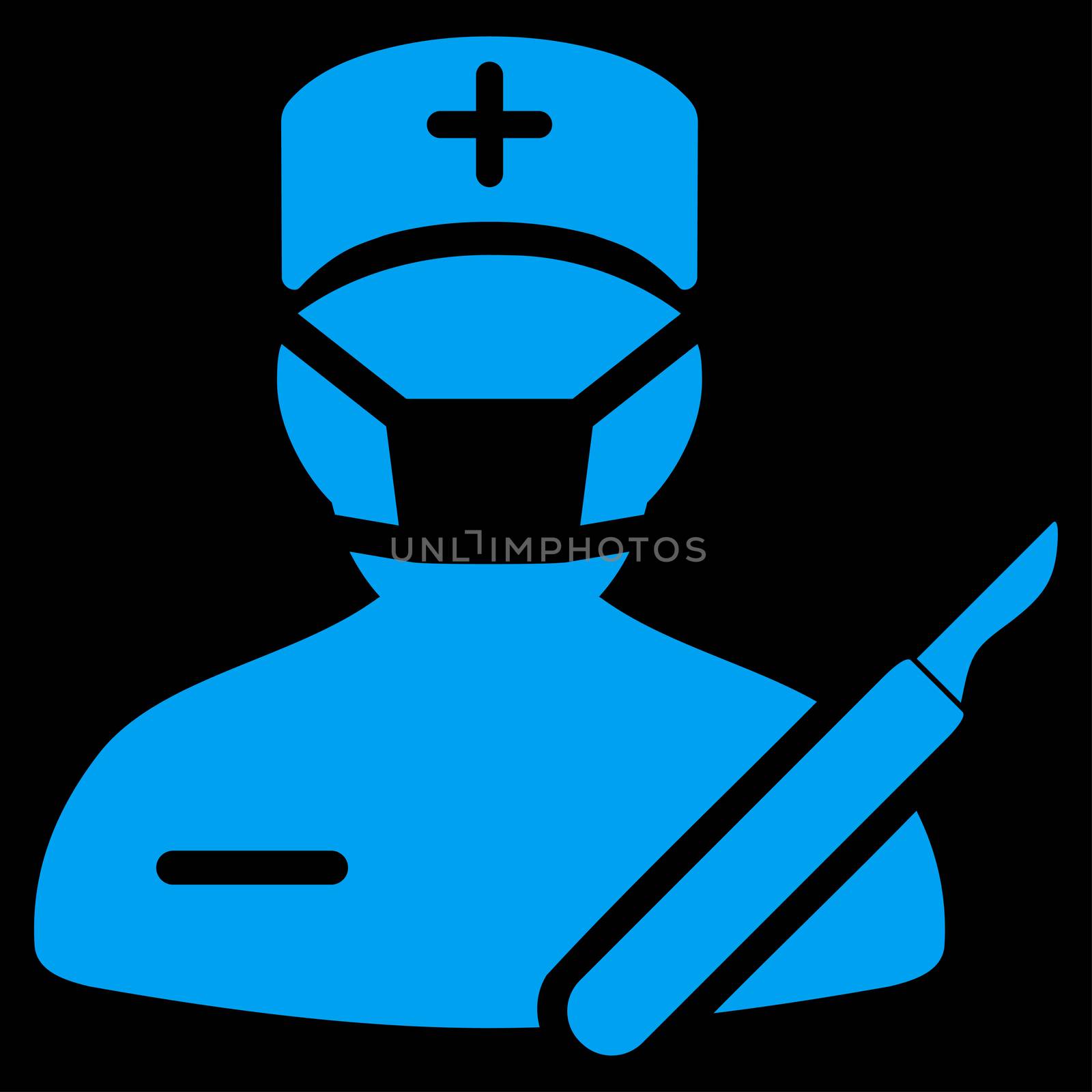 Surgeon raster icon. Style is flat symbol, blue color, rounded angles, black background.