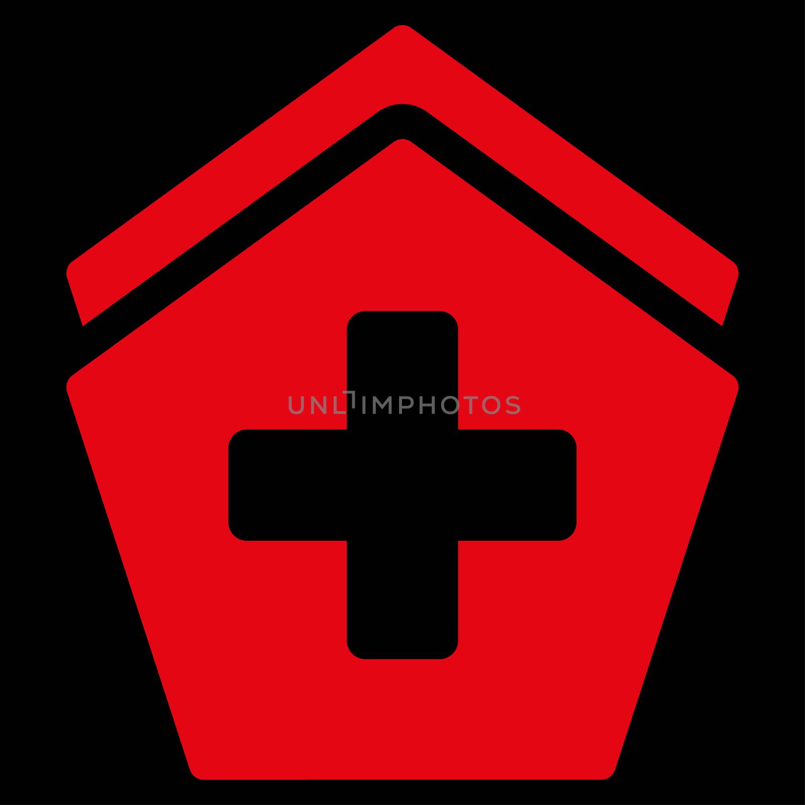 Clinic Building raster icon. Style is flat symbol, red color, rounded angles, black background.