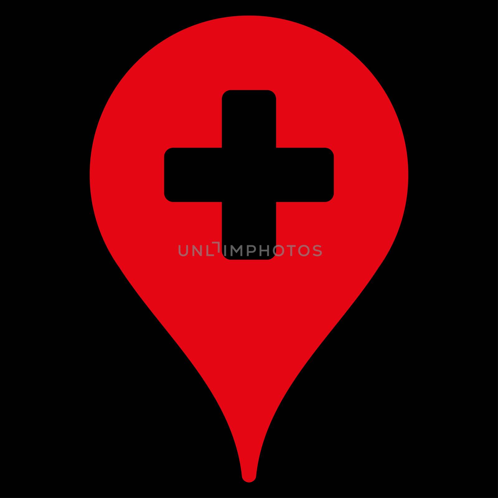 Clinic Map Pointer raster icon. Style is flat symbol, red color, rounded angles, black background.